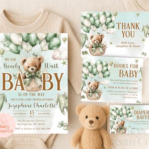 MODÈLE Nous pouvons attendre Bearly, lot d'invitations à une baby shower thème vert pour bébé garçon, tombola de livres de couches-culottes Boho Baby Bear pour bébé carte de remerciement