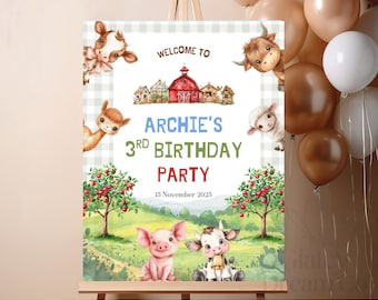 Letrero de bienvenida editable para el tercer cumpleaños de un niño con temática de animales de granja (plantilla de Canva n.° 25FBRG)