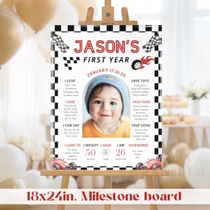 EDITABLE Racing Car Milestone board, photo personalized, Fast one Boy 1st Birthday e-decor, Red Vintage Race Party, Race On Over