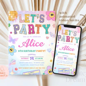 Plantilla de invitación electrónica editable digitalmente con diseño de parche preppy, letras universitarias animadas en video, invitación electrónica retro con estilo pastel y genial para fiesta de cumpleaños