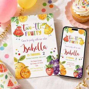 Invito di compleanno a tema frutta Two-tti modificabile, invito stampabile per festa di compleanno per bambini a tema frutta