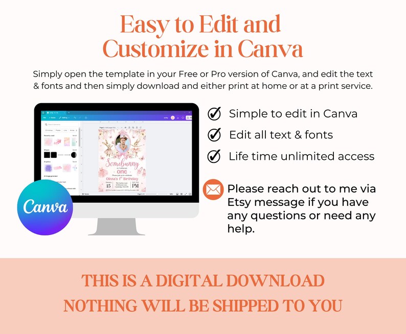 May include: A pink and white digital invitation template for a birthday party with a bunny theme. The template is customizable in Canva and includes the text "Somebunny is turning one".