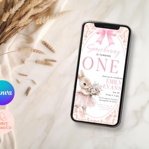 EDITABLE Grandmillennial Somebunny Is Turning One digital animated invitation, Bunny First Birthday Invite, pink Floral Rabbit 1st #25GSBWP1 image 4