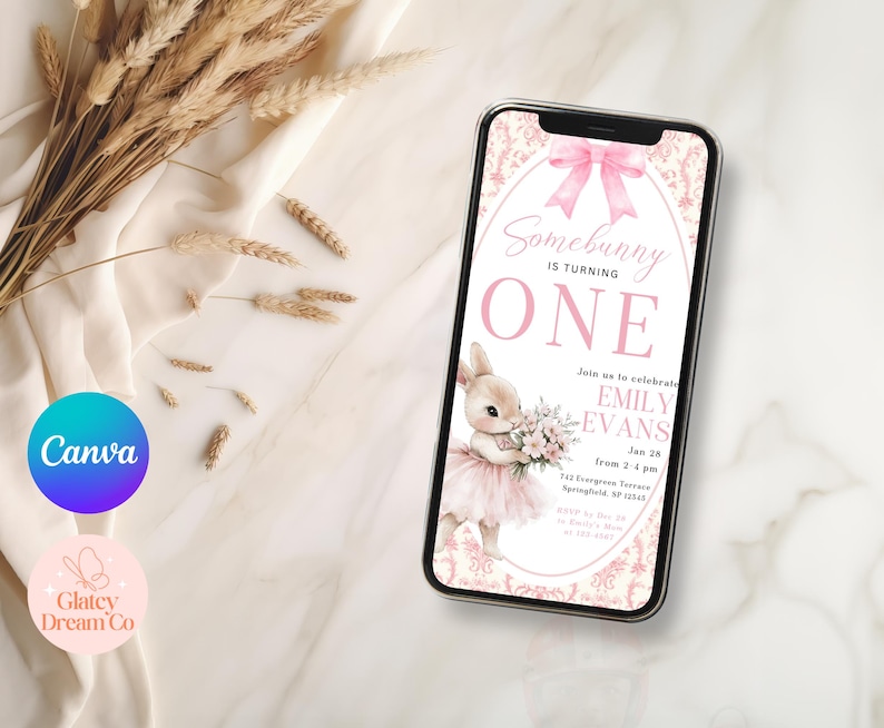 EDITABLE Grandmillennial Somebunny Is Turning One digital animated invitation, Bunny First Birthday Invite, pink Floral Rabbit 1st #25GSBWP1 image 4