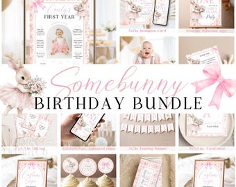 Bundle Grandmillennial Somebunny Is Turning One digital animated, Bunny First Birthday Invite, pink Floral Rabbit Girl #25GSBWP1