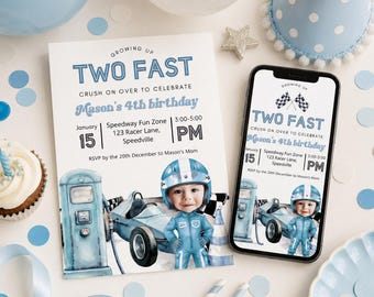 Invitation Grandir DEUX voiture bleue de course rapide pour bébé garçon 2e anniversaire, photo personnalisée et animation vidéo evite