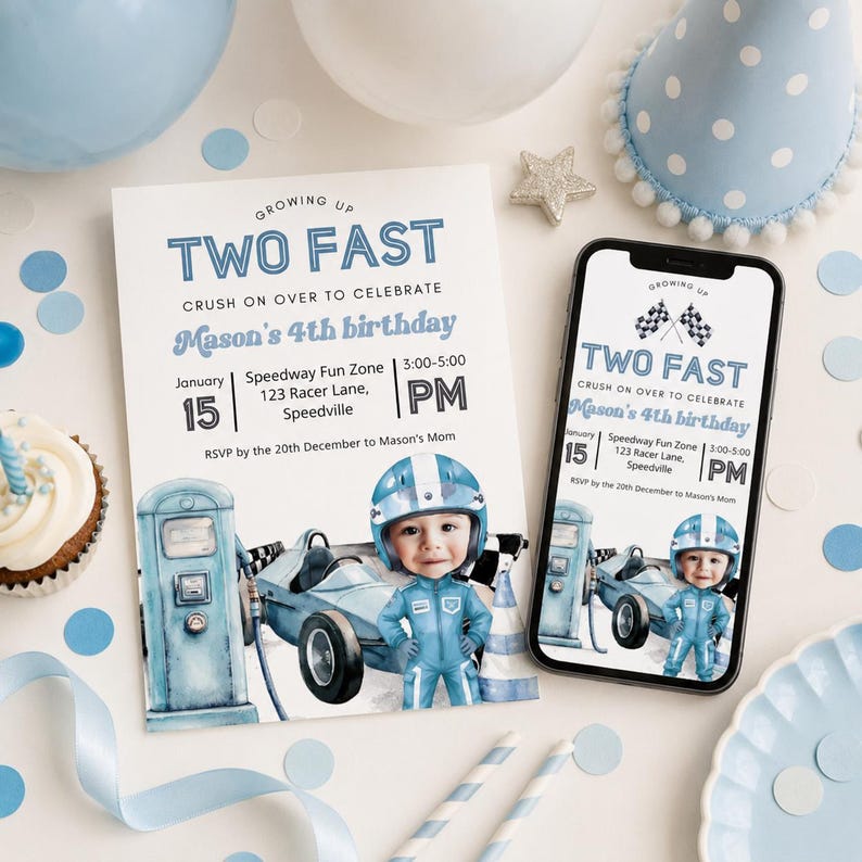 a two-fast birthday party invitation for Mason's 4th birthday, with a smartphone displaying the same invitation. The invitation includes details about the event, such as the date, location, and time, as well as a photo of a young child dressed in a racing suit. The invitation is surrounded by blue and white polka dots, and there is a cupcake and a star decoration in the background.