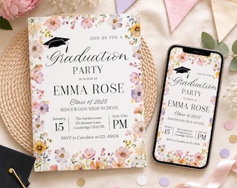 EDITABLE Editable Wildflower Graduation Invitation, Class of 2026 Grad Party Invite, College & High School Graduation Announcement