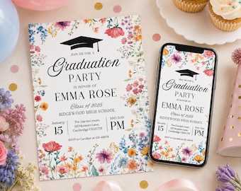 Puede incluir: Una invitación para una fiesta de graduación y un teléfono inteligente con el mismo diseño, con un icono de birrete negro, bordes florales en rosa, naranja y azul, y el texto Join us for a Graduation Party in honor of Emma Rose.