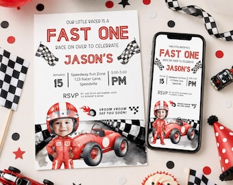 Racing Car Invitation, photo personalized, Fast one Boy 1st Birthday e-invite, Red Vintage Race Party, Race On Over #RCR25F1