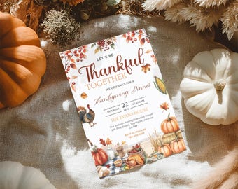 Inbjudan till Thanksgiving, Låt oss vara tacksamma tillsammans, Friendsgiving-middag, pumpa-kalkon Canva-mall