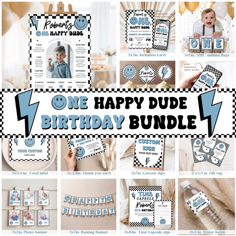 One Happy Dude Blue Black retro smiley face Party Decorations BUNDLE First 1st Birthday One Happy Dude Boy Birthday Package image 1