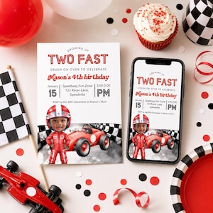 May include: A birthday invitation card and a smartphone displaying the same design, featuring the text TWO FAST, Mason's 4th birthday, and details for January 15th. The graphic shows a child in a red racing suit and helmet next to a red race car.