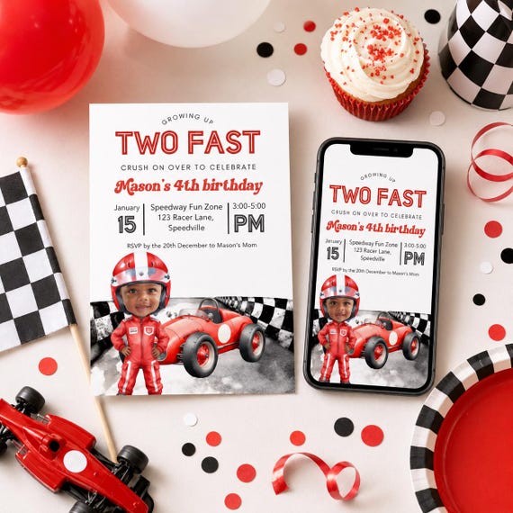 Growing up TWO fast racing red car invitation for baby boy 2nd second birthday, photo personalized and  animated video evite