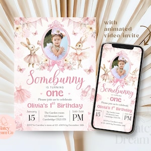 May include: A pink and white invitation with a bunny and butterfly theme. The invitation reads "Somebunny is turning one. Please join us to celebrate Olivia's 1st Birthday." The invitation includes a date, time, and location for the party. The invitation also includes a photo of a baby girl.