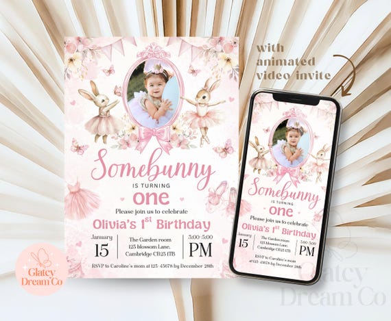 EDITABLE Somebunny Is Turning One with photo digital animated invitation, Bunny First Birthday Invite, pink Floral Rabbit 1st bday Girl