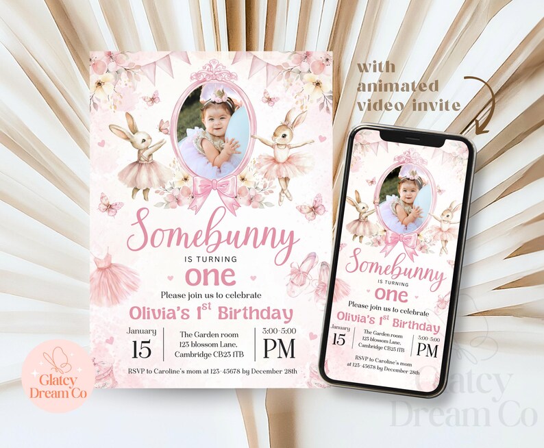May include: A pink and white invitation with a bunny and butterfly theme. The invitation reads "Somebunny is turning one. Please join us to celebrate Olivia's 1st Birthday." The invitation includes a date, time, and location for the party. The invitation also includes a photo of a baby girl.