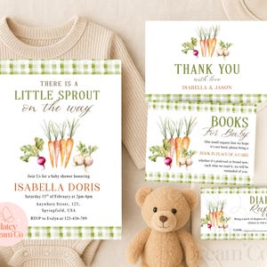 BEWERKBAAR Kleine spruit is onderweg Babyshowerbundel Bedankt luierloterijboeken voor baby Boer Vegetarisch Thema-uitnodiging Uitnodiging Evite