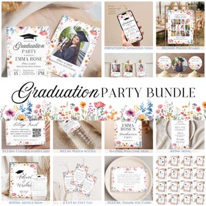Peut inclure: Un ensemble de fête de graduation sur le thème floral. L'ensemble comprend une variété d'articles imprimables, tels que des invitations, des pancartes de bienvenue, des cartes de remerciement, des étiquettes cadeaux, et plus encore. Les articles sont décorés de fleurs aquarelle et d'un chapeau de graduation.