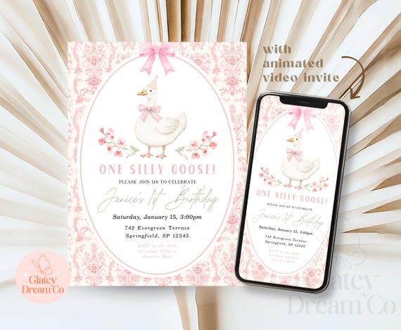 EDITABLE One Silly Goose First Birthday pink Invitation for baby girl Animated Video Bday Party, Silly Goose Invite Digital 1st Birthday