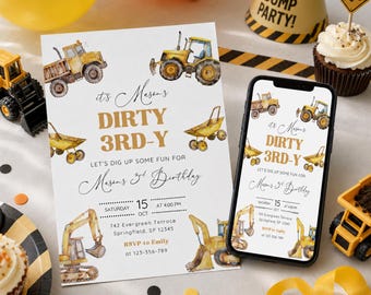 Dirty 3e année Construction numérique téléphone imprimable 3e anniversaire Invitation evite modèle de toile de décoration de fête camion à benne basculante tracteur