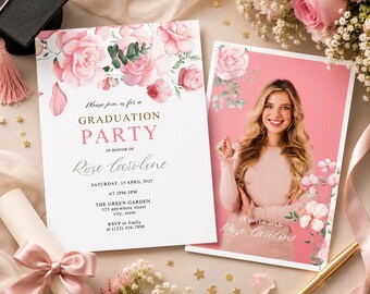 EDITABLE Pink Floral Graduation Party Invitation Template, Class of 2025 Grad Invite, Spring Wildflower Design, Photo Card Printable Invite
