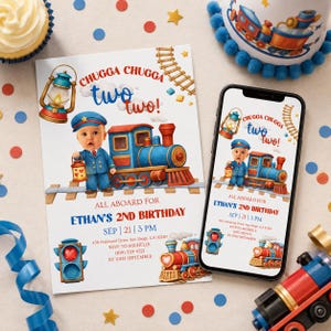 May include: A rectangular birthday invitation card and a smartphone displaying the same design. The graphic features a child in a conductor uniform, a blue and red steam train, a lantern, and text reading CHUGGA CHUGGA two two! ETHAN'S 2ND BIRTHDAY.