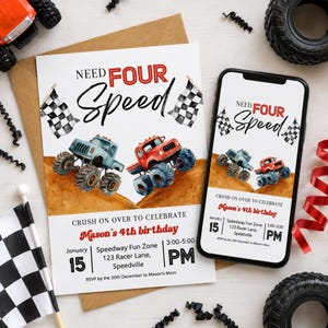 Invitación con temática de Monster Truck e invitación con video animado, plantilla digital imprimible para fiesta de cumpleaños infantil de 4 años con temática de Need for Four Speed.