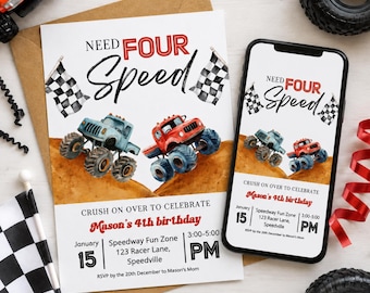 Invitation Monster Truck et invitation vidéo animée, besoin de quatre vitesses pour les garçons, modèle de fête numérique 4e anniversaire à imprimer