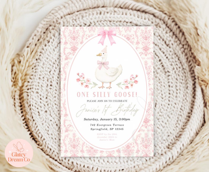 EDITABLE One Silly Goose First Birthday pink Invitation for baby girl Animated Video Bday Party, Silly Goose Invite Digital 1st Birthday image 4