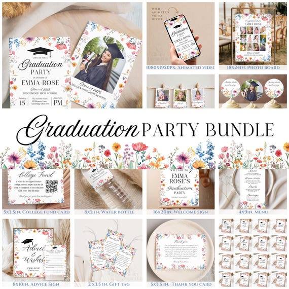 Wildflower pastel Graduation Party Bundle, Class of 2026 Grad Party Invite, QR code sign, Customize Graduation party Signs