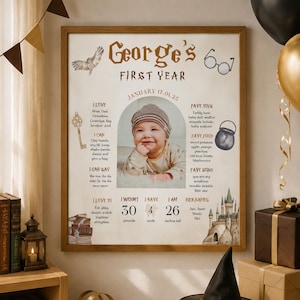 The Chosen One Milestone Board, Winter Wizard, Magic School Wizardry Theme Invites, First Bday, Magical Celebration Canva template