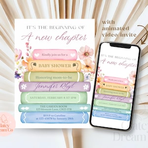 EDITABLE A new chapter is about to begin invite Books Themed Baby Shower Invite wildflower Pastel Hand drawn Storybook Bridal Shower evite