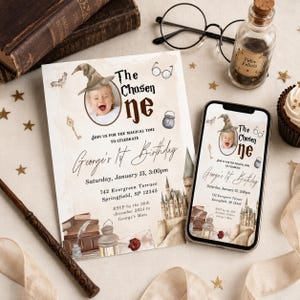 May include: A birthday invitation card and a smartphone displaying the same design, featuring a photo of a baby wearing a wizard hat, the text The Chosen One, George's 1st Birthday, and details for January 13, 3:00pm at 742 Evergreen Terrace, Springfield.