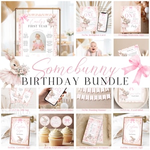 Op de afbeelding: Een roze en witte bunny-thema eerste verjaardag printable bundel. De bundel bevat een welkomstbord, uitnodiging, voedsellabels, cupcake toppers, een banner, een cadeau-tag en een aangepast bord. De tekst op het welkomstbord luidt "One Emily Evans Party".