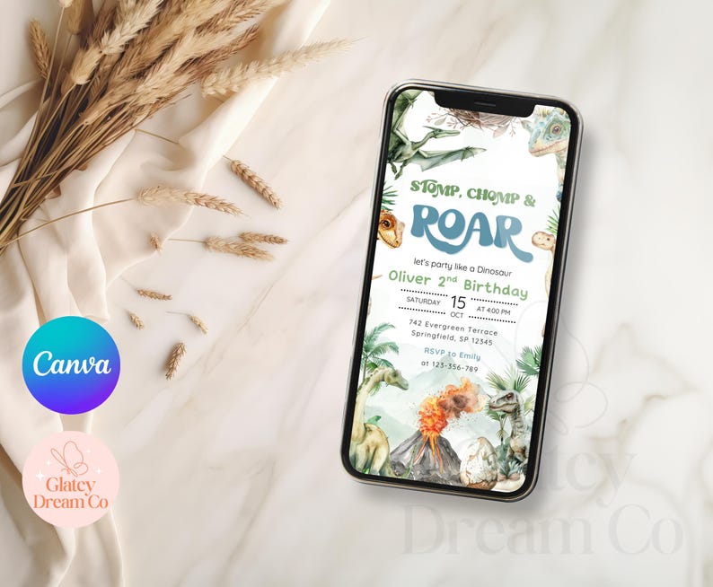 Dinosaur Birthday Invitation: Stomp, Chomp, Roar (Editable Canva Template, Digital Download) image 6