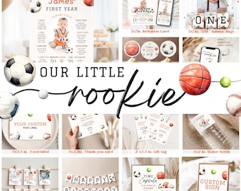 EDITABLE Our little rookie  1st birthday BUNDLE all sports bday party decor Milestone board Gift tags Banner Thank you card evite Canva