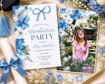 Blue bow Wildflower Graduation Party Announcement Invitation with photo, Modern boho flower blue bow  Floral Girly Grad Canva