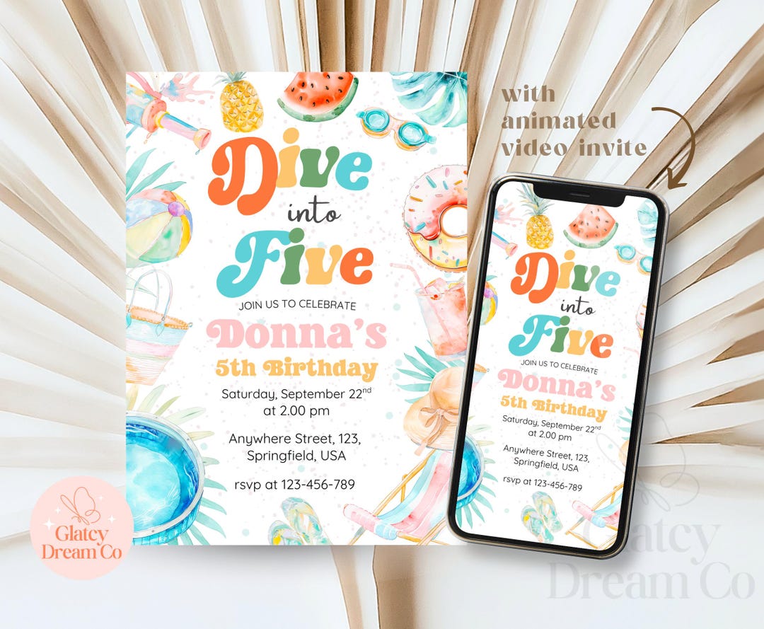 EDITABLE Dive Into Five Tropical Summer Pool Party Birthday Invitation ...