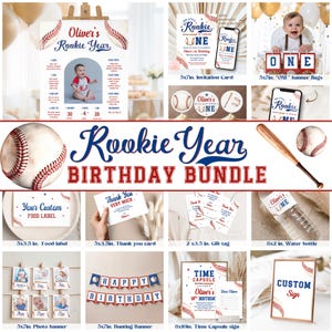 EDITIERBARE Rookie des Jahres 1. Geburtstag Bundle Kleiner Rookie drehen ein Partydekor Meilensteintafel Geschenkanhänger Banner Dankeskarte evite