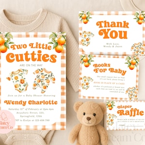 MODIFICABILI due piccoli cuccioli sono in arrivo Inviti Pacchetto Lotteria Pannolini Biglietto di ringraziamento Libri per gemelli bambino Arancia Agrumi Frutta tropicale