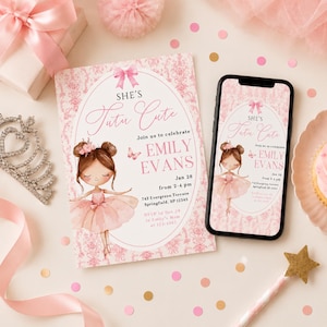 Söt tutu-inbjudan till 2-årsfest med balettdansös, födelsedagsflicka, boho, rosa ballerina-tema, utskrivbar digital inbjudan, Canva