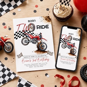 a birthday party invitation for a two-year-old, with a red and white checkered theme, a motorcycle, and a cupcake.