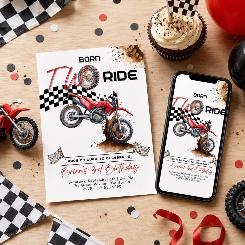 a birthday party invitation for a two-year-old, with a red and white checkered theme, a motorcycle, and a cupcake.