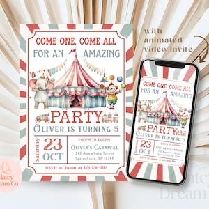 EDITIERBARE Zirkus Vintage Karneval Geburtstag animiertes Video Einladungskarte evite noho neutrales Geschlecht Canva Vorlage digitaler Download