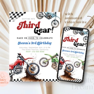 EDITABLE Third Gear birthday invitation for three year old boy who love motorbike motorcycle dirt bike, Race On Over, digital download