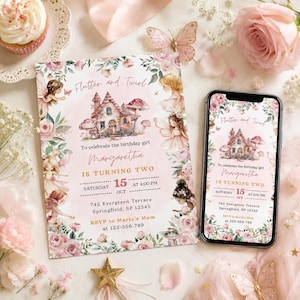 May include: A rectangular birthday invitation card and a smartphone displaying the same design, featuring a fairy house, mushrooms, and floral borders with the text Flutter and Twirl, Margaretha is turning two, Saturday 15 Oct at 4:00 PM.