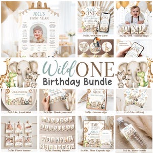 MODÈLE Wild one 1er anniversaire bday Bundle Invitation boho Jungle safari animaux bébé garçon étiquettes cadeaux carte de remerciement pour gâteau, capsule temporelle