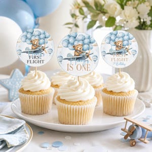Cupcake-Topper „Flugzeug-Erstflug“, Cupcake-Picker „Pilotenbär“ zum 1. Geburtstag, personalisierte Partydeko „Blauer Heißluftballon“ für Jungen zum Ausdrucken