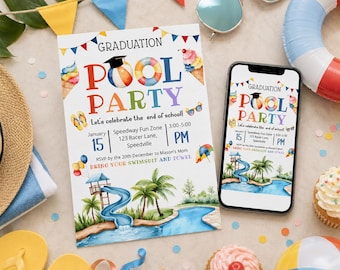 Può includere: Un invito per una festa di laurea in piscina e uno smartphone che mostra lo stesso design. L'invito presenta testo colorato, un tocco di laurea, coni gelato, una piscina con scivolo, palme e i dettagli dell'evento.